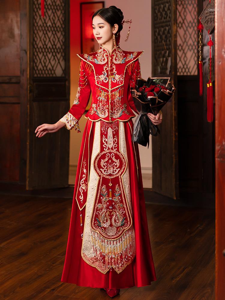 

Ethnic Clothing Traditional Dragon Phoenix Embroidery Chinese Wedding Dress Modern Red Couple Qipao Skirt Women Man Tang Suit Oriental