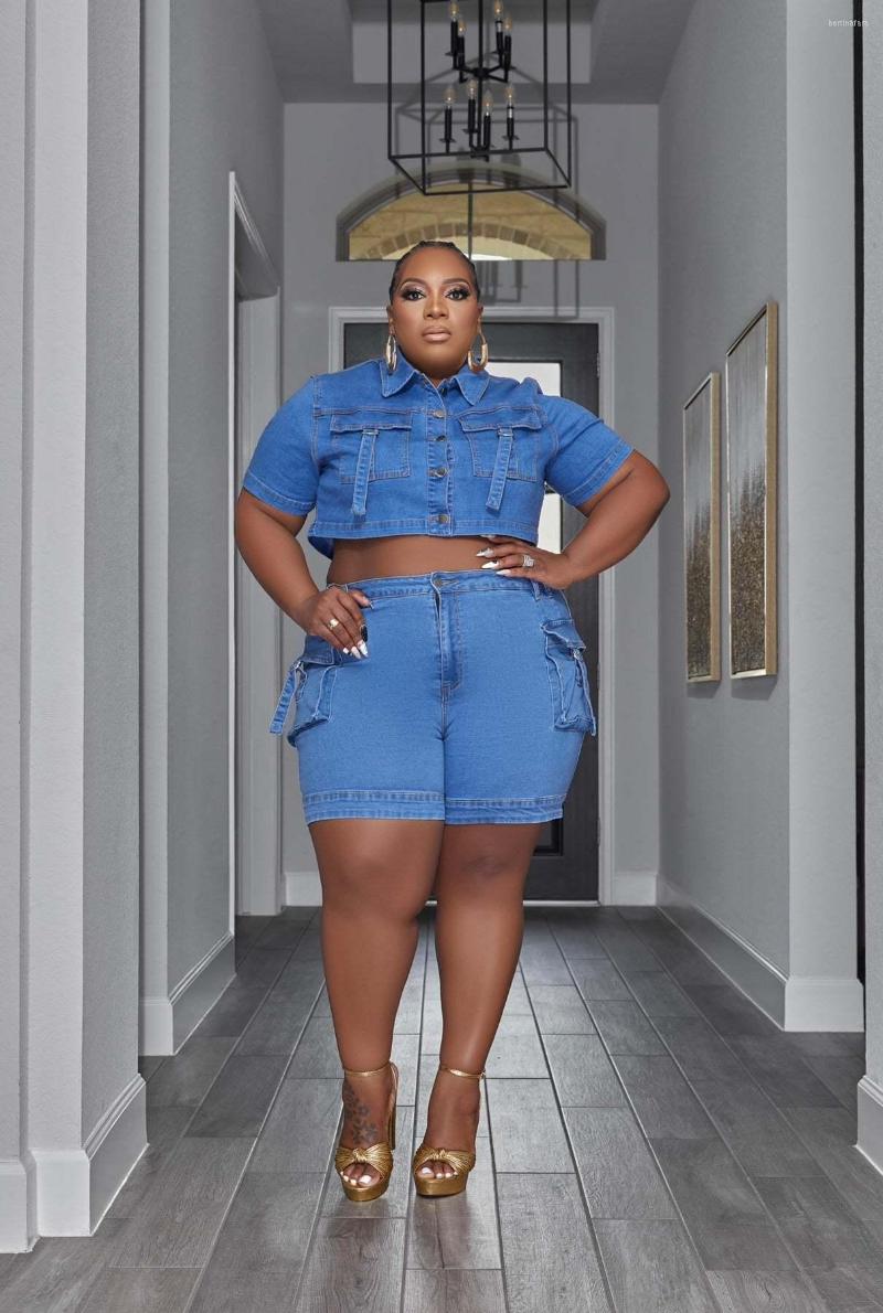 

Women's Tracksuits 2023 Fashion Casual Three-Dimensional Pocket Short Sleeve Lapel Top Pants Denim Women's Wear Two-Piece Set, Light blue