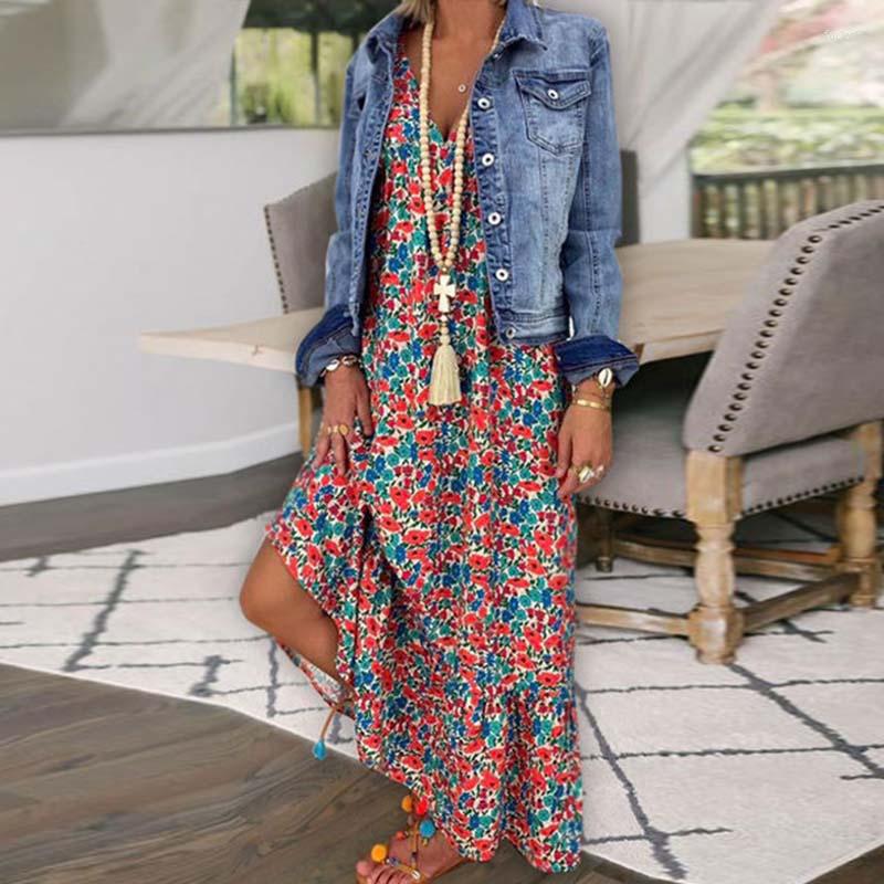 

Casual Dresses Elegant Flower Print Loose Suspenders Dress Summer Sexy Deep V-neck Sleeveless Bohe Long 2023 Women Fashion Party, 04 rose red