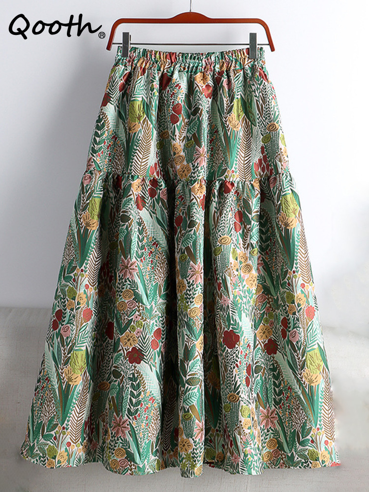 

Skirts Qooth Spring Stitching Jacquard Floral Embroidery Mid-length A-line Skirt Women's High Waist Chic Elegant Skirt QT1676 230414, Green