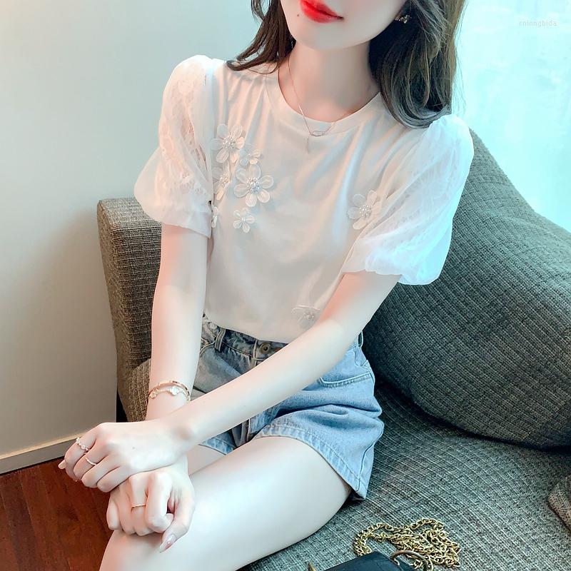 

Women' T Shirts Casual T-shirt For Women Summer 2023 In Cotton Floral Loose Tees Lace Short Sleeve Fashion Solid Top O-Neck White