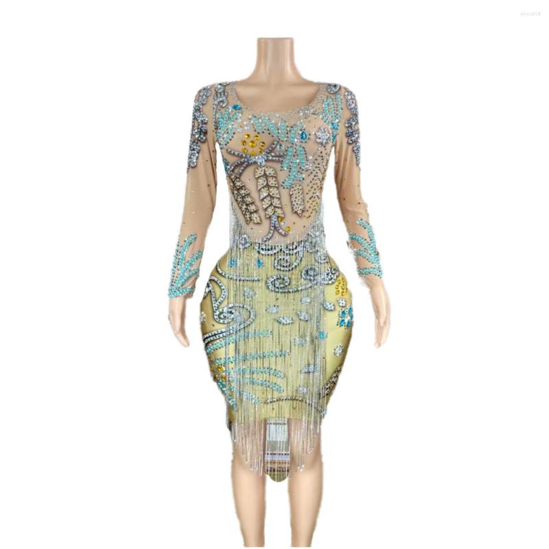 

Stage Wear Long Sleeves Shining Rhinestones Tassel Sexy Sheath Dress For Women Party Prom Celebrity Clothing Singer Concert Costumes