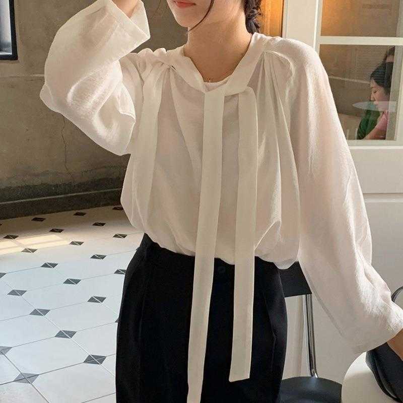 

Chic Early Autumn Womens Sweaters Elegant Lightly Mature Lace Up Loose Solid, White