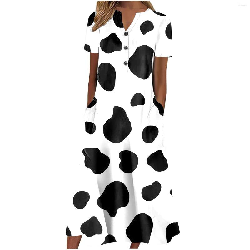 

Casual Dresses V Neck Pattern Print Short Sleeve Botton Floral Dress With Pocket For Years Party Women