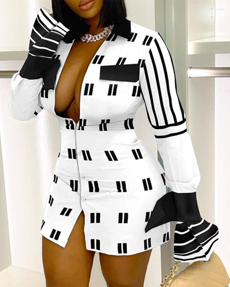 

Casual Dresses 2023 Summer Women's Lapel Fashion Printed Long Sleeve Shirt Skirt High Waist Look Taller Sexy Sheath Dress, White