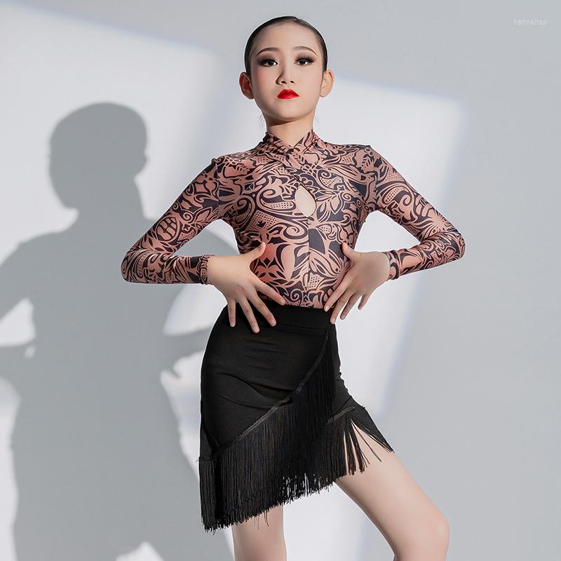 

Stage Wear Girls Latin Dance Costume Long Sleeves Tops Black Fringe Skirt Performance Suit Kids Training Autumn Winter Outfit DNV16953, Picture shown
