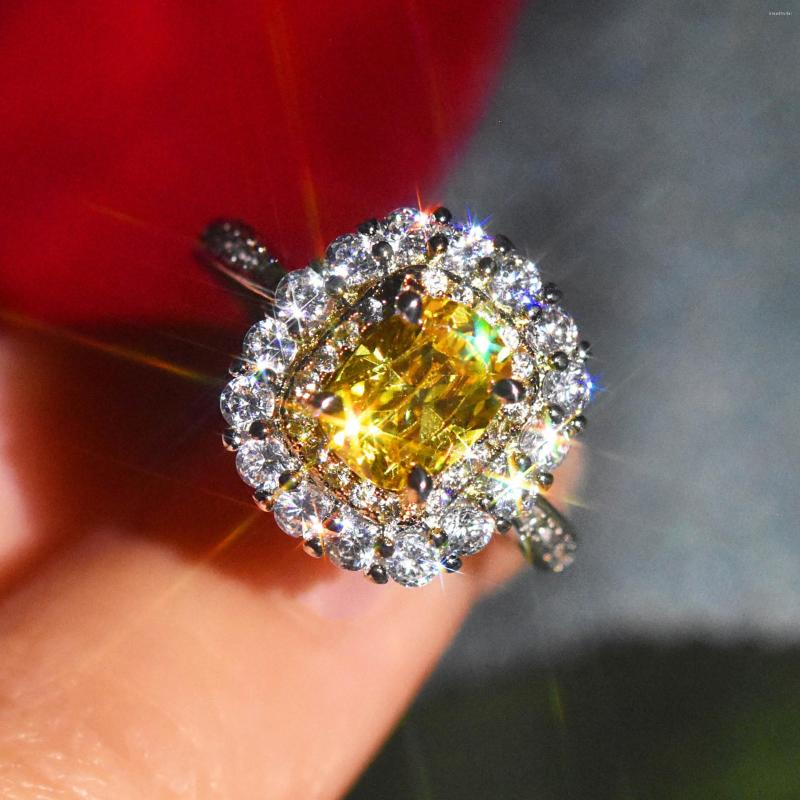 

Cluster Rings 925 Silver Luxurious Citrine Princess Cut Zircon Open Ring Double Micro Setting Super Glitter Engagement Banquet Gift