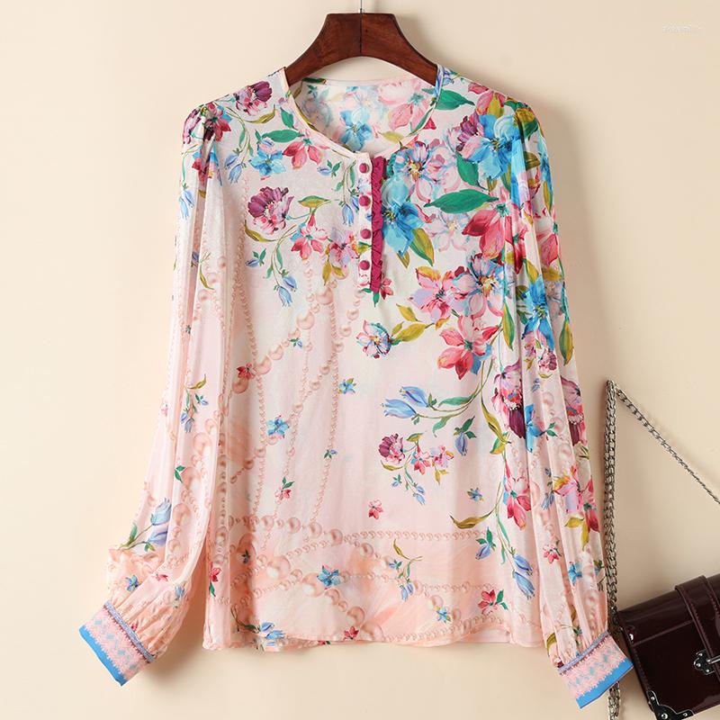 

Women' Blouses Spring Summer Women' Sweet Pink Shirt Long Sleeve Elegant Shirts Fashion Real Silk Woman Floral Print Blouse Tops