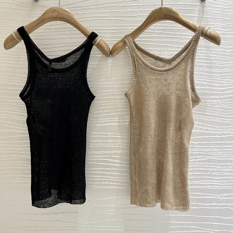 

Women's Tanks Cosmicchic 23 SS Ultra-thin Linen Knitted Vest Women Fashion Casual All Match Sleeveless Elastic Micro-perspective Tank Tops, Black