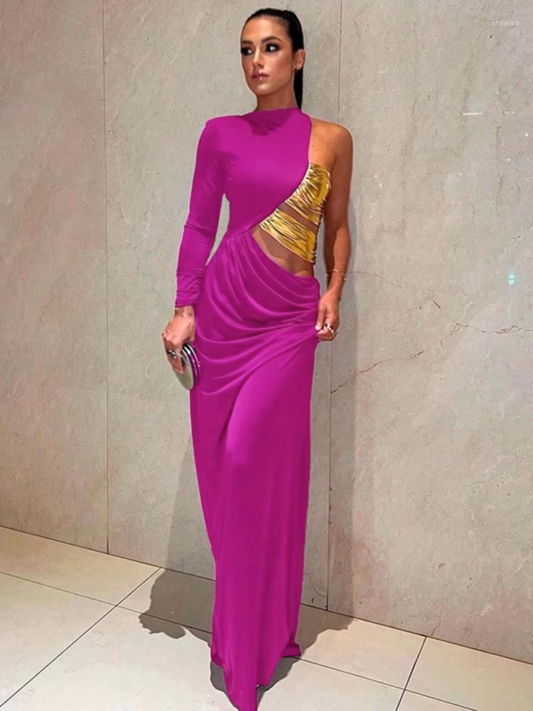 

Casual Dresses Autumn Sexy One Shoulder Long Sleeve Bodycon For Women 2023 Elegant Gown Patchwork Hollow Out Clubwear Party Dress, Purple