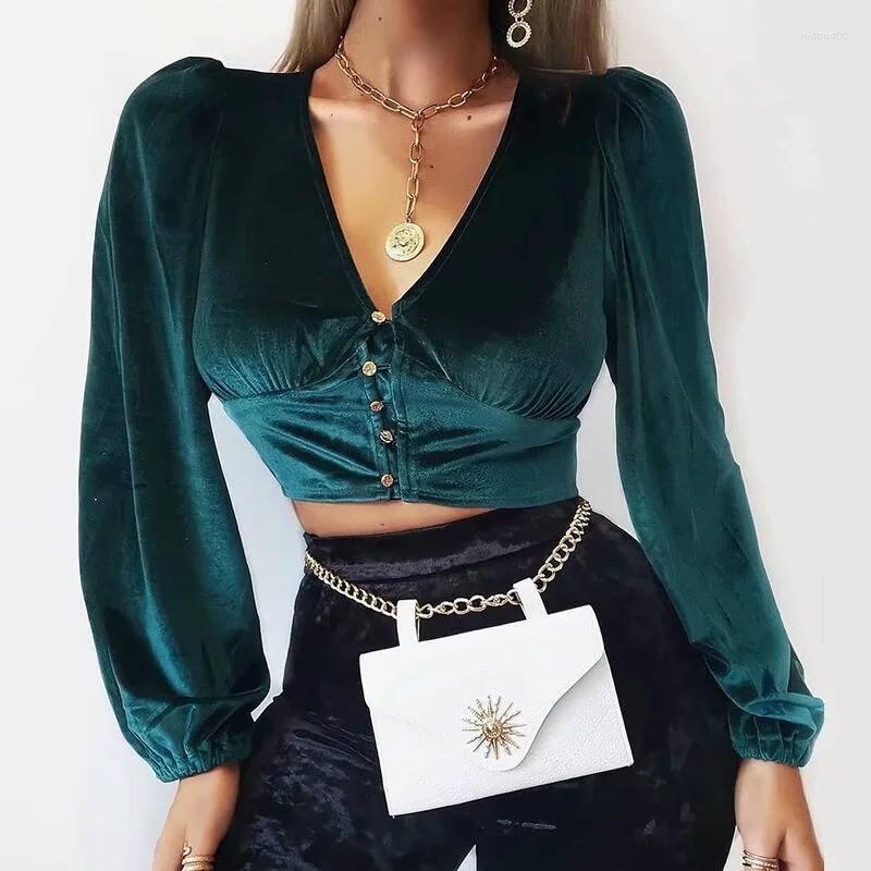 

Women' Blouses Sexy Short Shirt For Women Long Sleeve Velvet Blue V-neck High Street Lady Blouse Tops Single Breasted, Navy blue