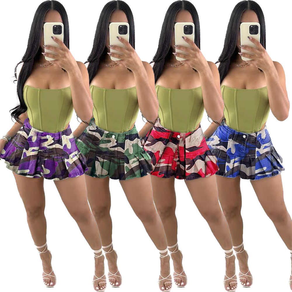 

2023 Designer Camouflage Pleated Mini Skirts for Women Summer Y2k Fashion Sexy Zipper Preppy Skirt Casual Streetwear Dresses Pocket Button Wholesale Clothes 9713, Mix color