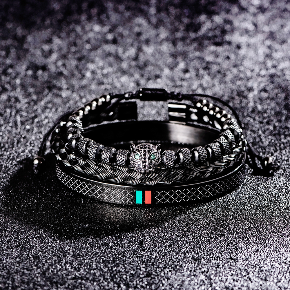 

Luxury Handmade Braiding Bracelet Men Pave CZ Leopard Head Enamel Green Red Bracelet Stainless Steel Jewelry