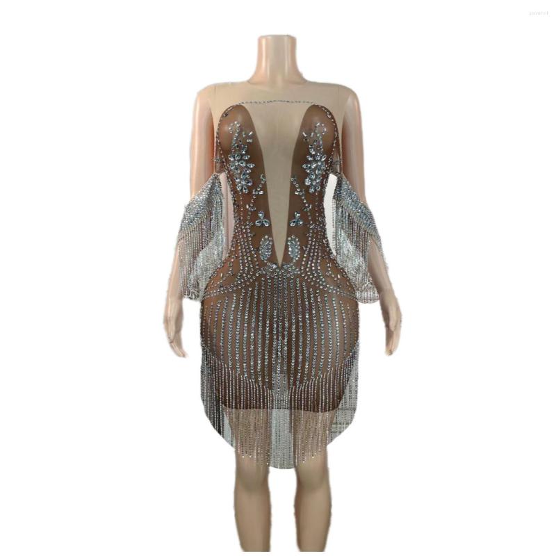 

Stage Wear Brown Shining Rhinestones Tassel Sexy Dress For Women Nightclub Party Clothing Singer Costumes Prom Birthday Wears