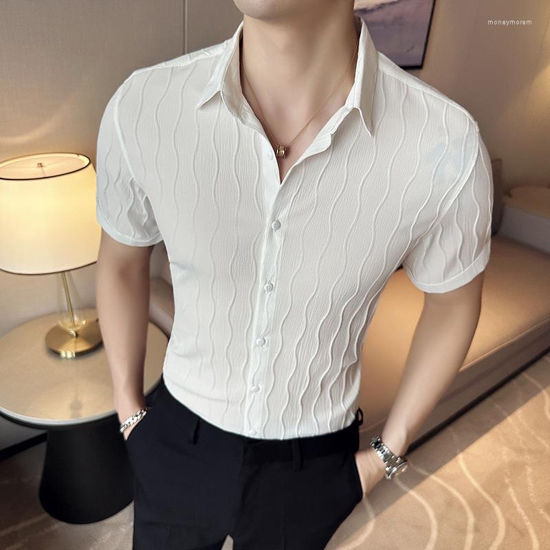 

Men's Casual Shirts Fashion Summer Short Sleeve Men Wave Stripe Slim Fit Clothing Office Social Business Dress, Black
