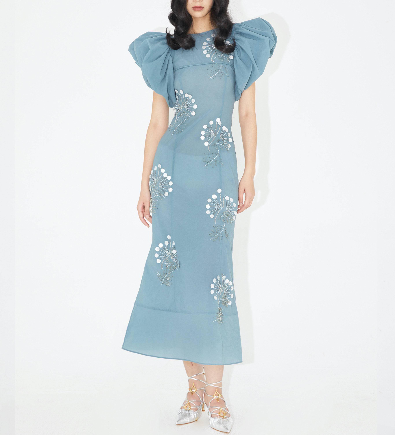 

fanncy dress crew neck puff sleeve embroidered nail beads slim fit blue long dress