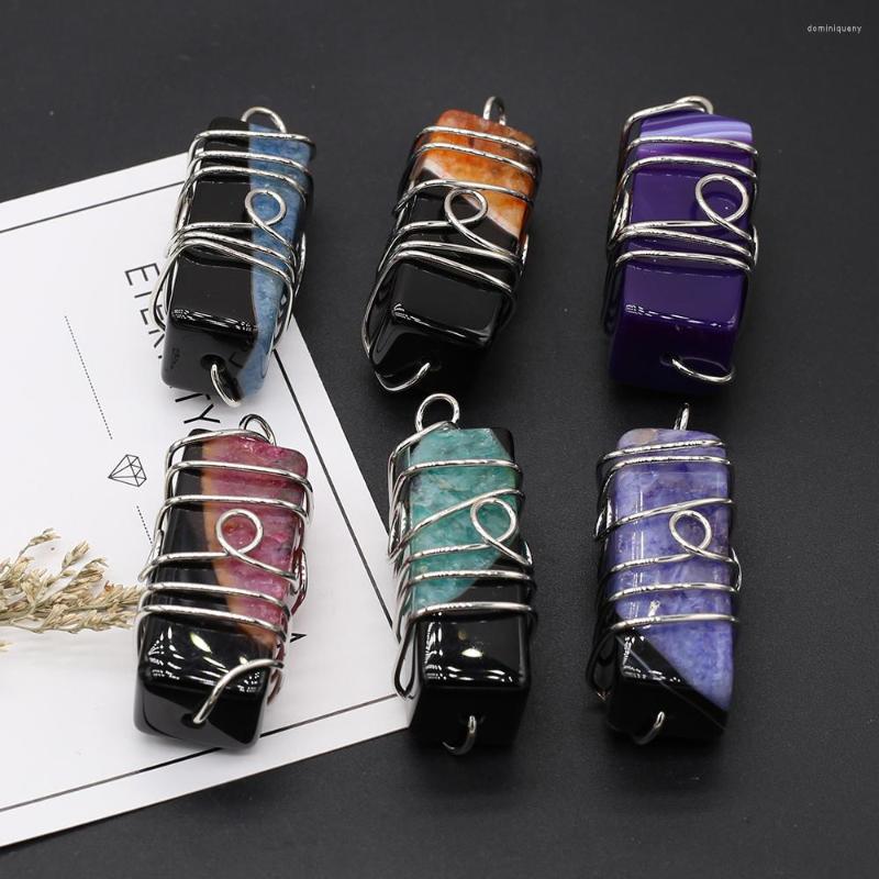 

Charms Natural Stone Pendant Rectangle Handwork Metal Winding Wire Agates For Jewelry DIY Necklace Bracelet Accessories Making