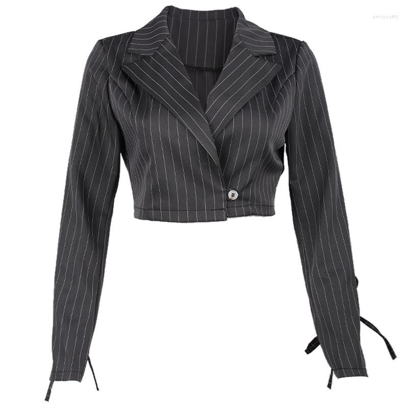 

Women' Suits 2023 Spring Autumn Fashion Grey Striped Short Blazers Single-button Elegant Women Long Sleeve Trendy Commuters Blazer, Gray