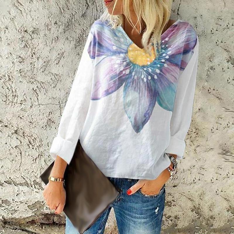

Women' Blouses Vintage Pattern Printed Loose Blouse 2023 Spring Summer Elegant V-neck Pullover Tops Women Casual Long Sleeve Cotton Linen, 02 purple