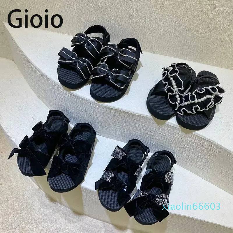 

Sandals Summer Women 2023 Roman Shoes Pearl Student Muffin Women's Flat Brand Girls, Black 4