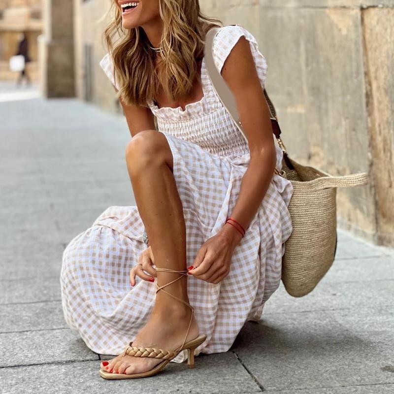 

Casual Dresses Lightweight Classic Summer Plaid Print Stitching Large Hem Sling Maxi Dress Comfortable Backless Sundress, Khaki