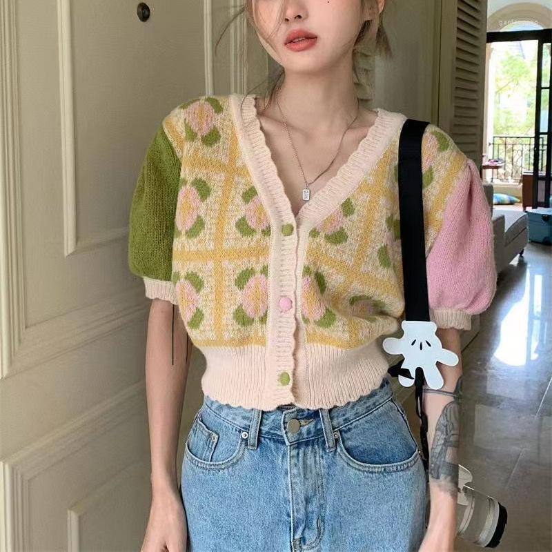 

Women's Knits V Neck Short Sleeved Knitted Floral Cardigan Sweet Summer Button Sweaters Sueters Mujer Y2k Crop Tops Printed Flower, Photo