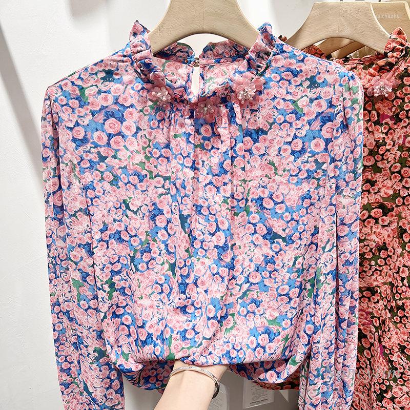 

Women's Blouses Sweet Floral Print And Tops For Women 2023 Korean Fashion Retro Stand Collar Ruffled Beaded Flower Pullover Shirt, Pink blue