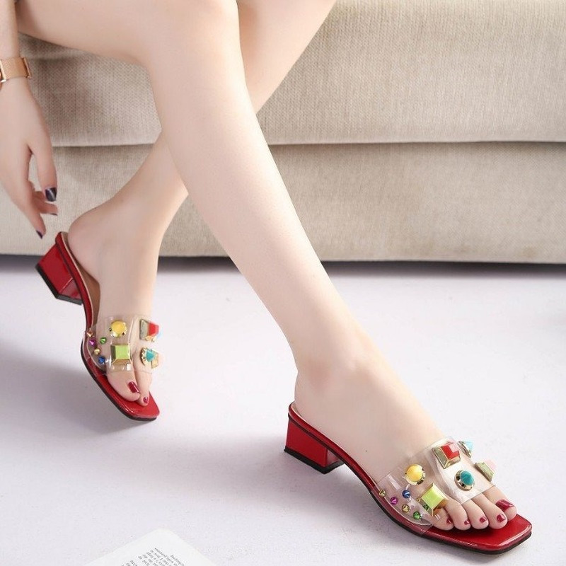 

Slippers Comemore Summer Women Thick Heel Transparent Ladies Shoes Colorful Rivets Low Heels Fashion Sandals for Girls 230414, Beige gray