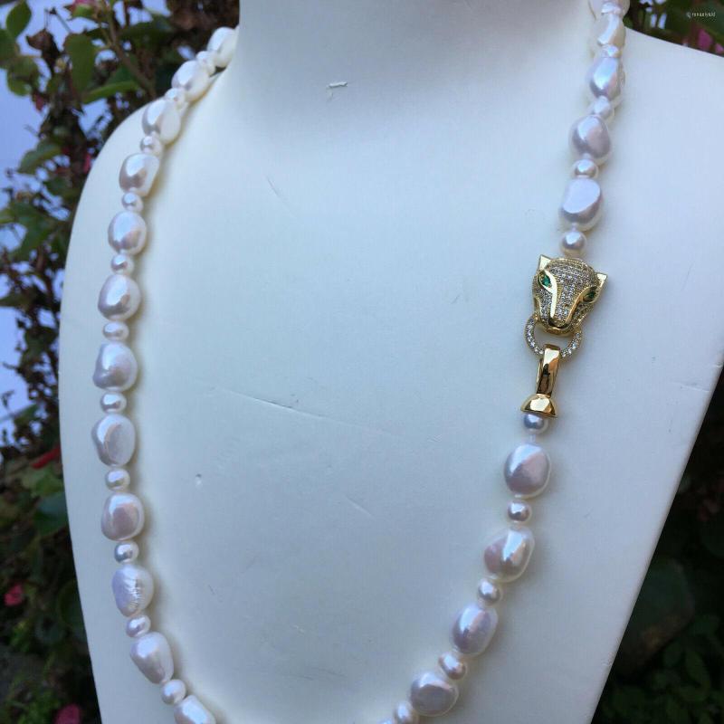 

Chains Handmade White Freshwater Baroque Pearl Necklace Micro Inlay Zircon Leopard Head Buckle Accesories Jewelry