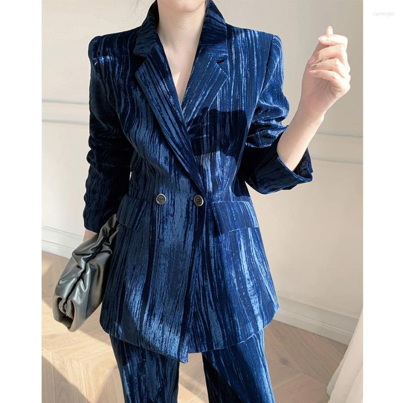 

Women' Two Piece Pants Suit Sets For Velvet Women Spring Autumn Casual 2023 Blazer With Suits Runway Fashion, Blue pants