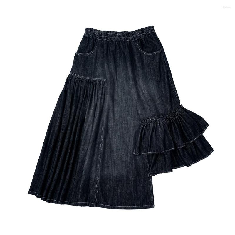 

Skirts Original Vintage Dark Blue Ruffled Denim Sand Washed Half Skirt Women' Early Spring Irregular 233981