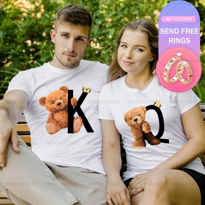 

Women's T Shirts Summer Short Sleeve Graphic Tee Couples Cute Bear Print T-Shirt Women Men Clothing Blouses Basic Lover, White2-women