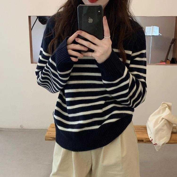 

Womens Korean Style Striped Long Sleeved Sweater Autumn And Winter Minority, White
