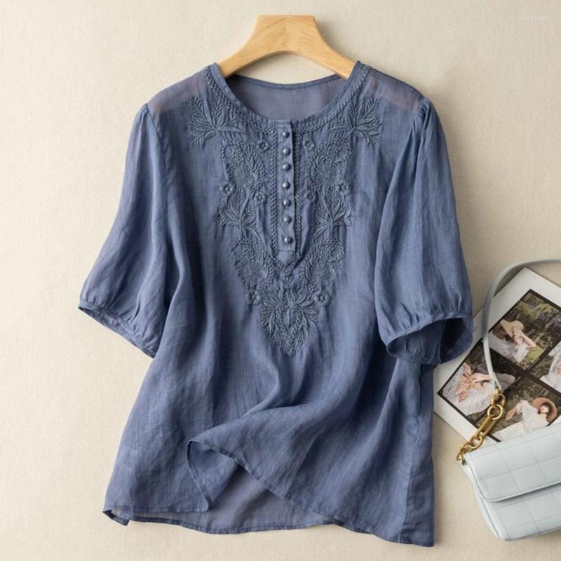 

Women's Blouses No Shrinkage Ladies Top Elegant Pullover Women Retro Loose Casual Solid Color Embroidered Shirt Female Cloth, Blue