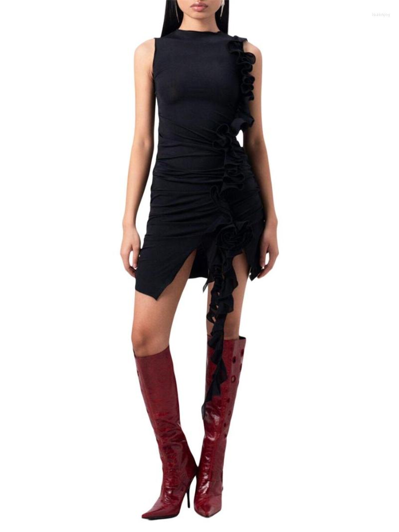

Casual Dresses Sexy Womens Summer Bodycon Tank Dress Solid Color Sleeveless Round Neck Ruffled Irregular Tassel Hem Short For Party, Black
