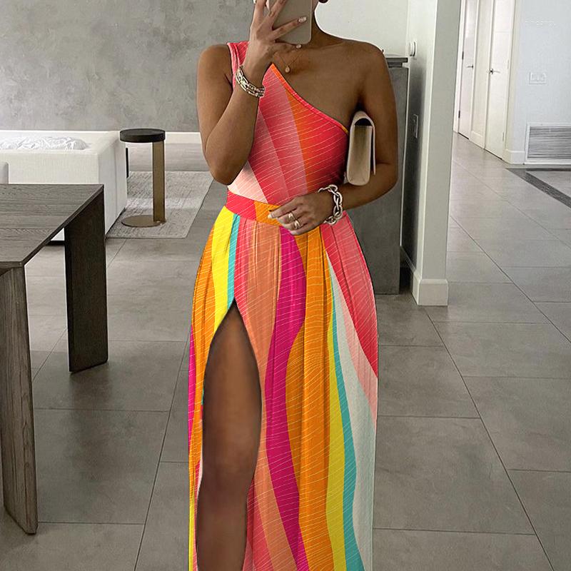 

Casual Dresses Women Elegant Formal Gown Maxi Dress Female Stylish Long Party Colorblock One Shoulder High Slit Evening, Multi