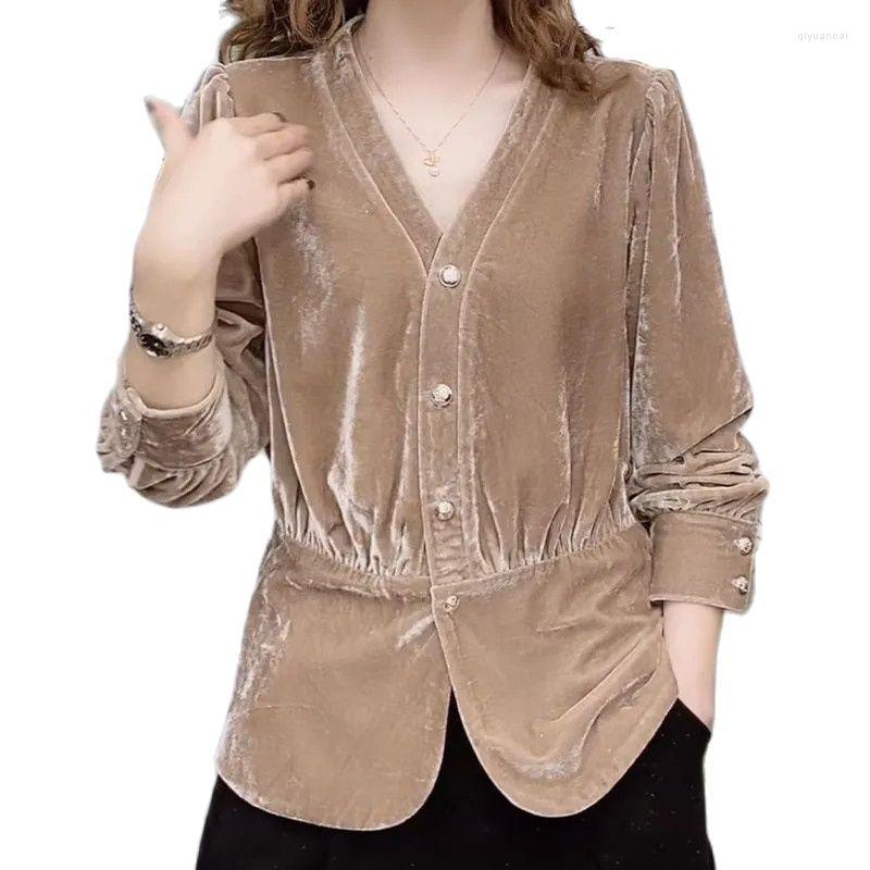 

Women's Blouses Upscale Diamond Velvet Shirt Women's Spring Autumn V Neck Cardigan Top Show Thin Cover Belly Fashionable Ladies, Khaki