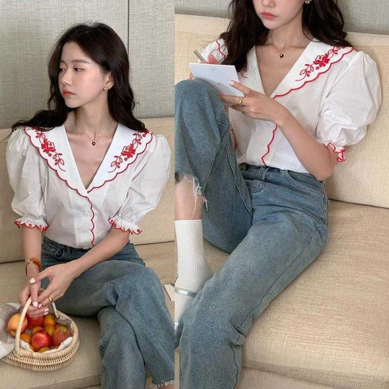 

Summer Retro Anti Shirts Aging Contrast Color Embroidered Wavy Edge Sailor, White2
