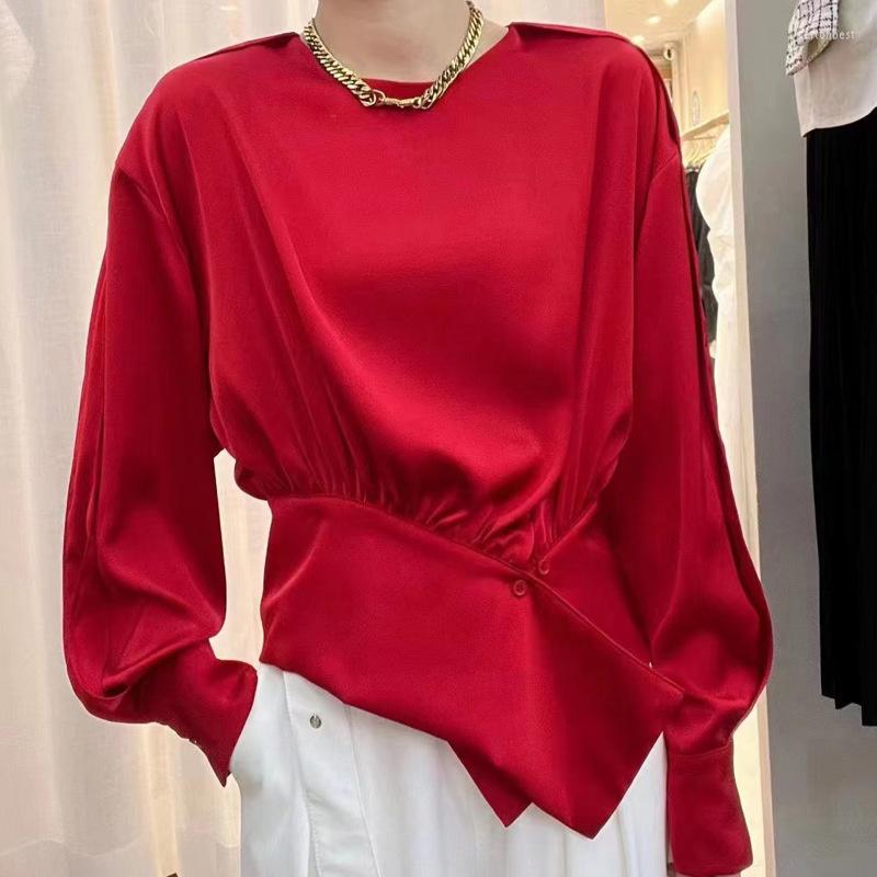

Women's Blouses Acetate Satin Blouse Women's Long-sleeved 2023 Spring And Summer Style Irregular O-neck 6623, Blue