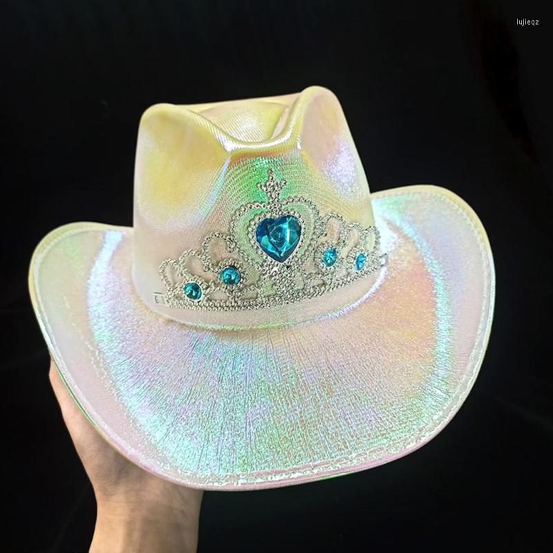 

Berets Colorful Cowboy Hat Bachelorette Party Iridescent Sparkly Disco Cowgirl Bridal, White