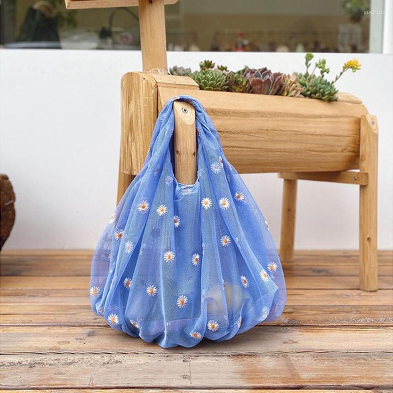 

Shopping Bags Transparent Tote Mesh Daisy Embroidery Eco Friendly Handbag Women Girls Fruit Flowers Purse Bag