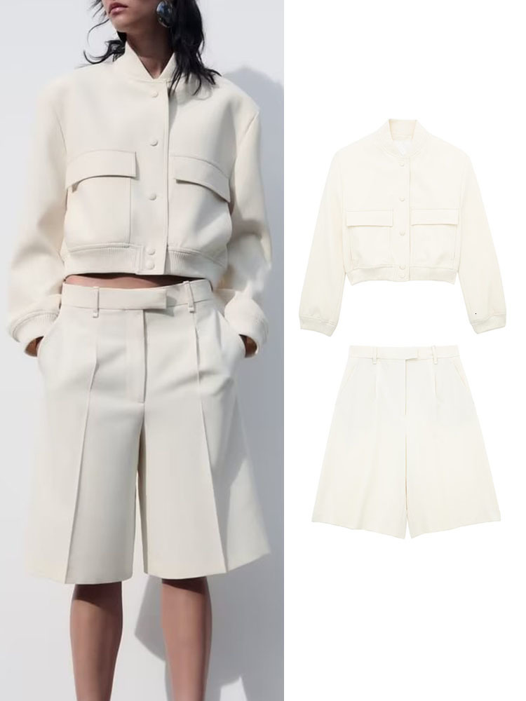 

Women s Two Piece Pants TRAF 2023 Women Solid Pilot Jacket Sets Spring Fashion Pockets Hidden Breasted Coats Front Zipper Half Shorts Streetwear 230414