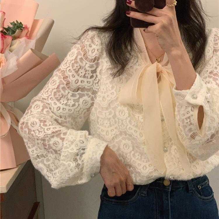 

Korean Style Crocheted Blouses Hollow Out Stitching Lace Up Shirt Early Spring, Picture color