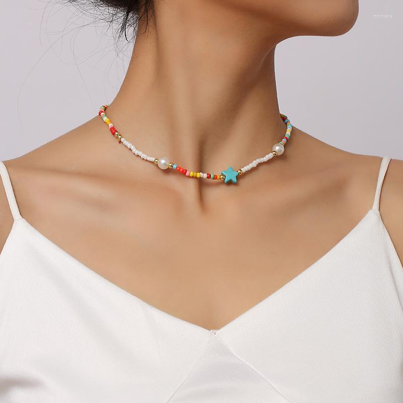 

Choker Bohemian Colorful Rice Beads Star Charm Necklaces For Women Girls Handmade Pearl Beaded Collar Necklace Fashion Jewelry