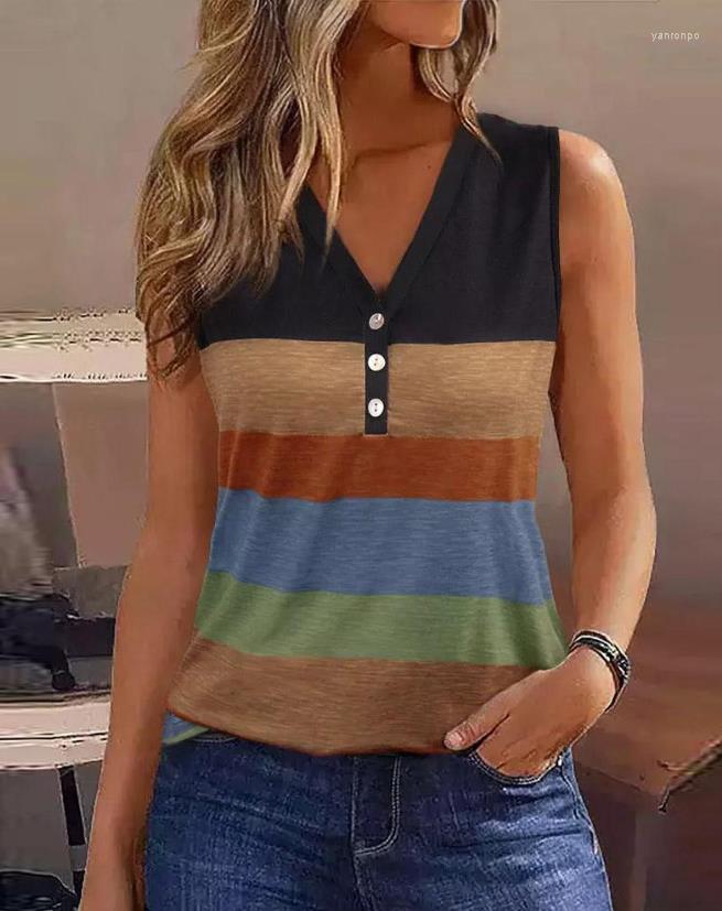 

Women' Tanks Colorblock Striped Print Button Detail Tank Top Retro Casual Women' Fashion Versatile