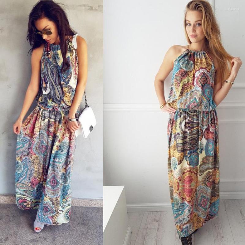 

Casual Dresses Boho Women Floral Maxi Dress Sleeveless Summer Long Beach Sundress Ladies Womens Sexy Daily Clothing, Blue