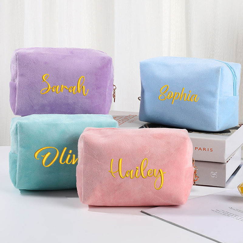 

Cosmetic Bags Cases Custom Embroidery Flannelette Makeup Personalized Large Capacity Velvet Storage Wedding Anniversary Gift 230414, Sky blue