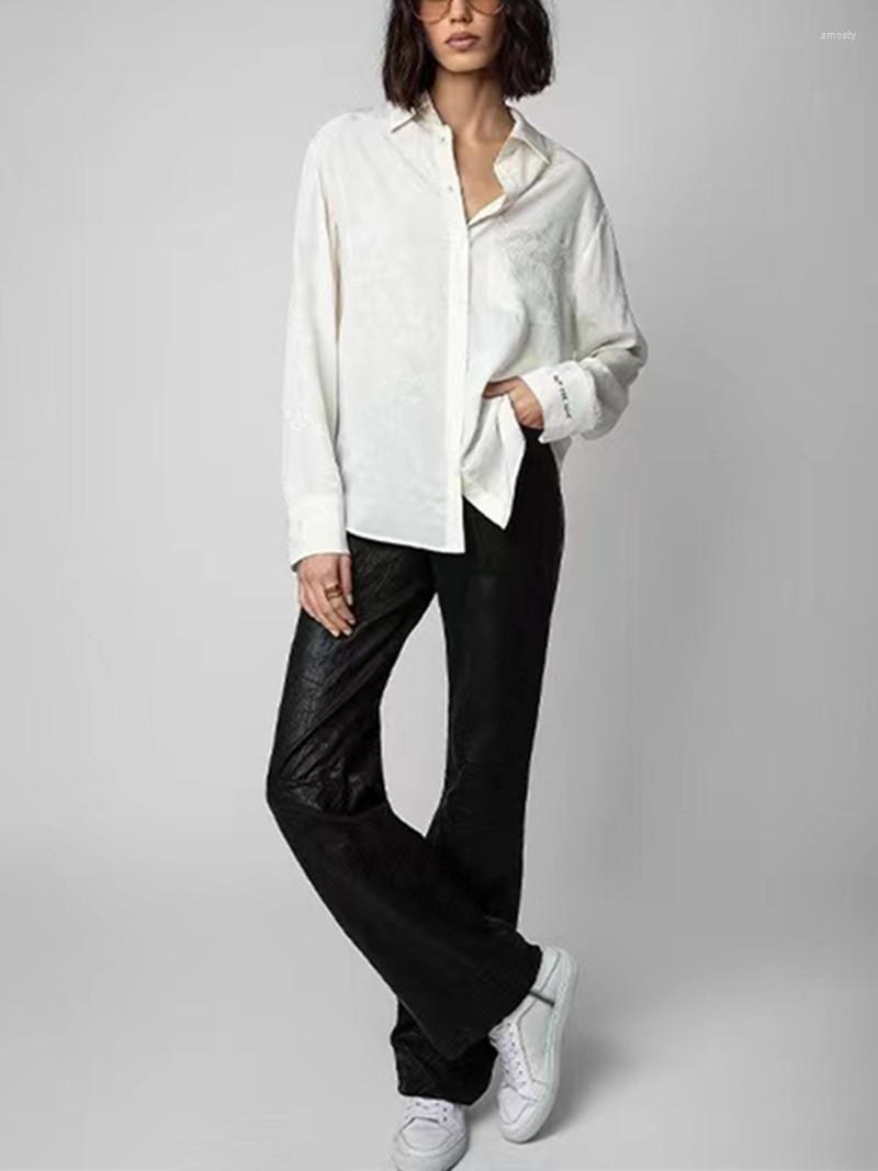 

Women's Blouses Silk Women's Star Print Shirt Single-Breasted Letter Embroidery Long-Sleeved Tops 2023 Ladies White Blouse With Pockets