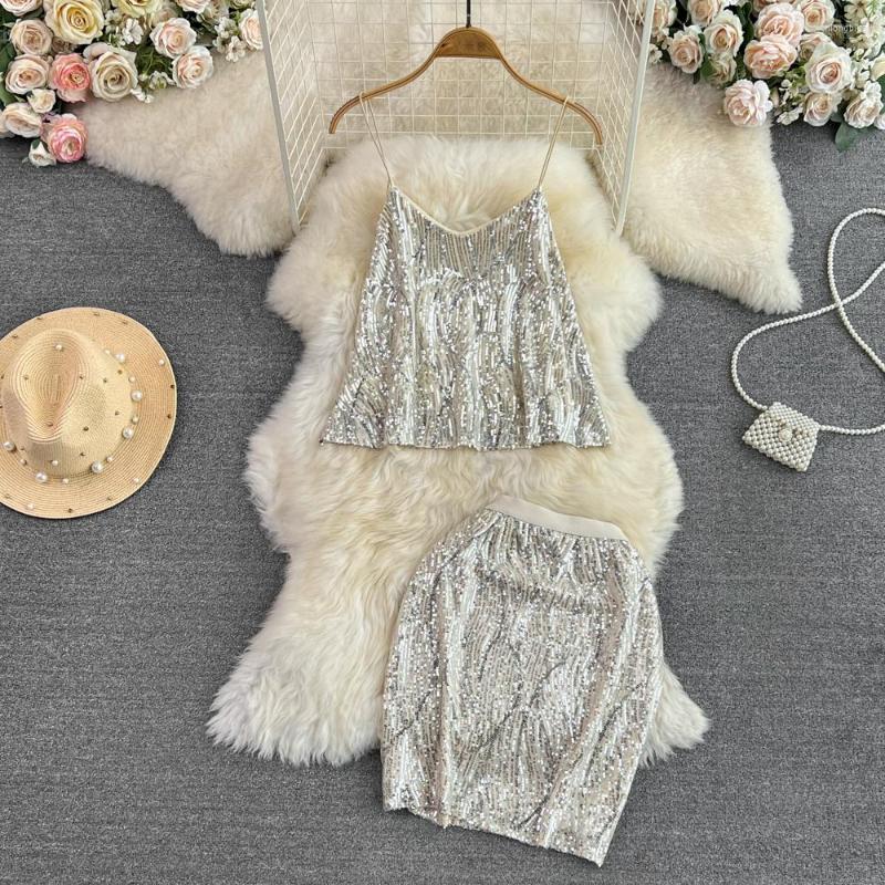 

Work Dresses Foamlina Fashion Women 2 Piece Set Summer Clothes Sexy Glittering Sequins Camis Top And Elastic Waist Mini Pencil Skirt Suits, Apricot