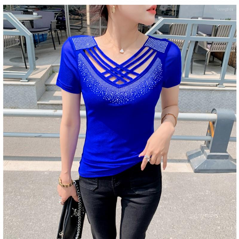 

Women's T Shirts Summer Women Mesh Tops Fashion Cross Hollow Ironing Drill Short-Sleeved Shirt Elasticity T-Shirts, Purple